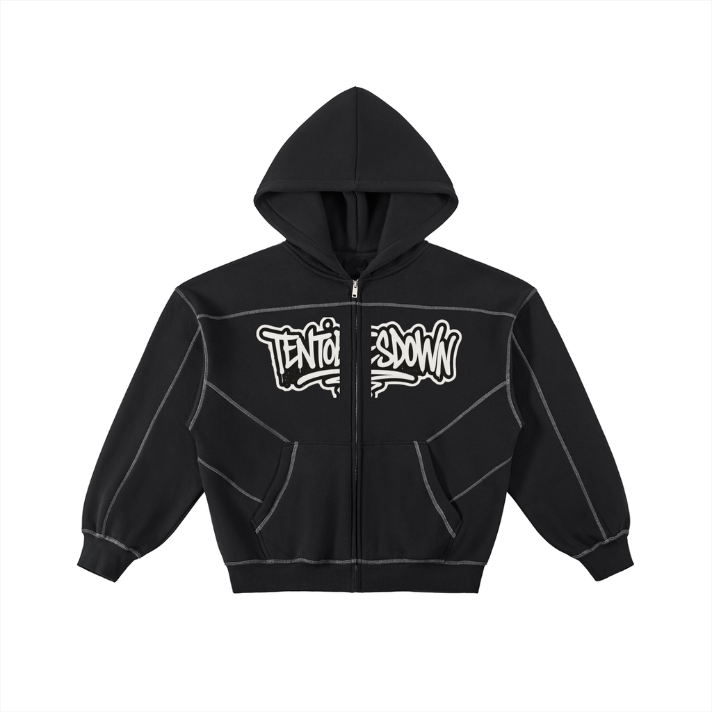 Contrast-Stitched Boxy Fleece Zip Hoodie